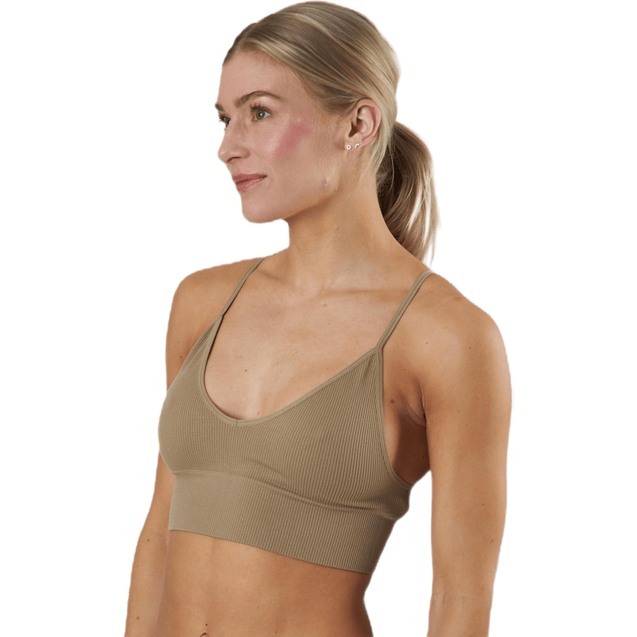 Vicky Rib Seamless V-neck Top — Beige